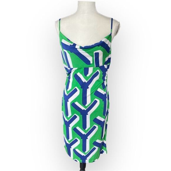 DIANE VON FURSTENBERG Knit Silk Jersey Jilda Y-print Dress Green Cowl Neck - Picture 1 of 6